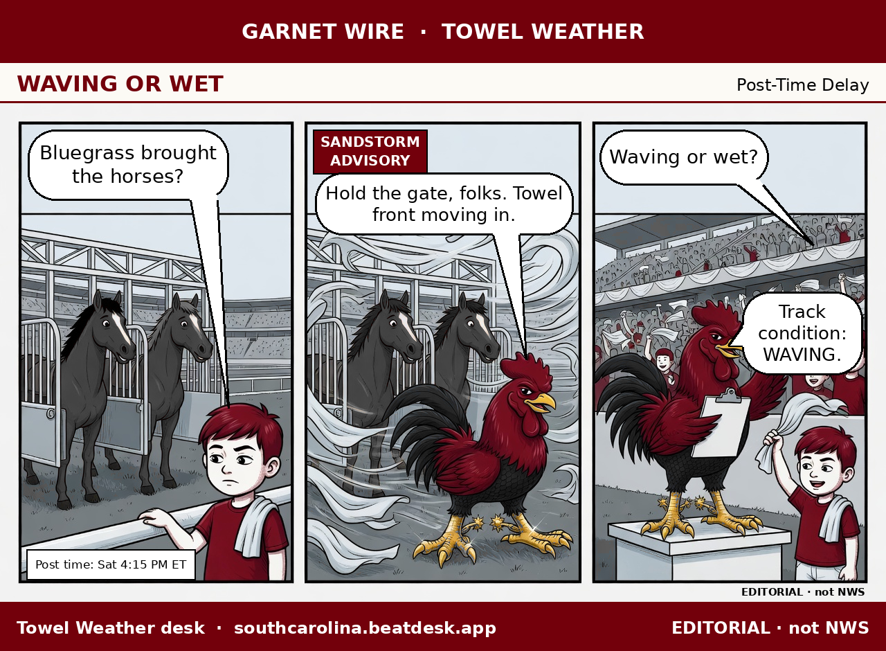 Waving or Wet comic, Garnet Wire · Towel Weather, Post-Time Delay. Panel 1: two gray horses wait in a starting gate on a football field; the Kid at the rail asks, Bluegrass brought the horses? Caption: Post time, Sat 4:15 PM ET. Panel 2: a wind of white towels sweeps the field under a Sandstorm Advisory chip; the Gamecock says, Hold the gate, folks. Towel front moving in. Panel 3: the Kid asks, Waving or wet? The Gamecock on an official's podium answers, Track condition: WAVING. Editorial, not NWS.